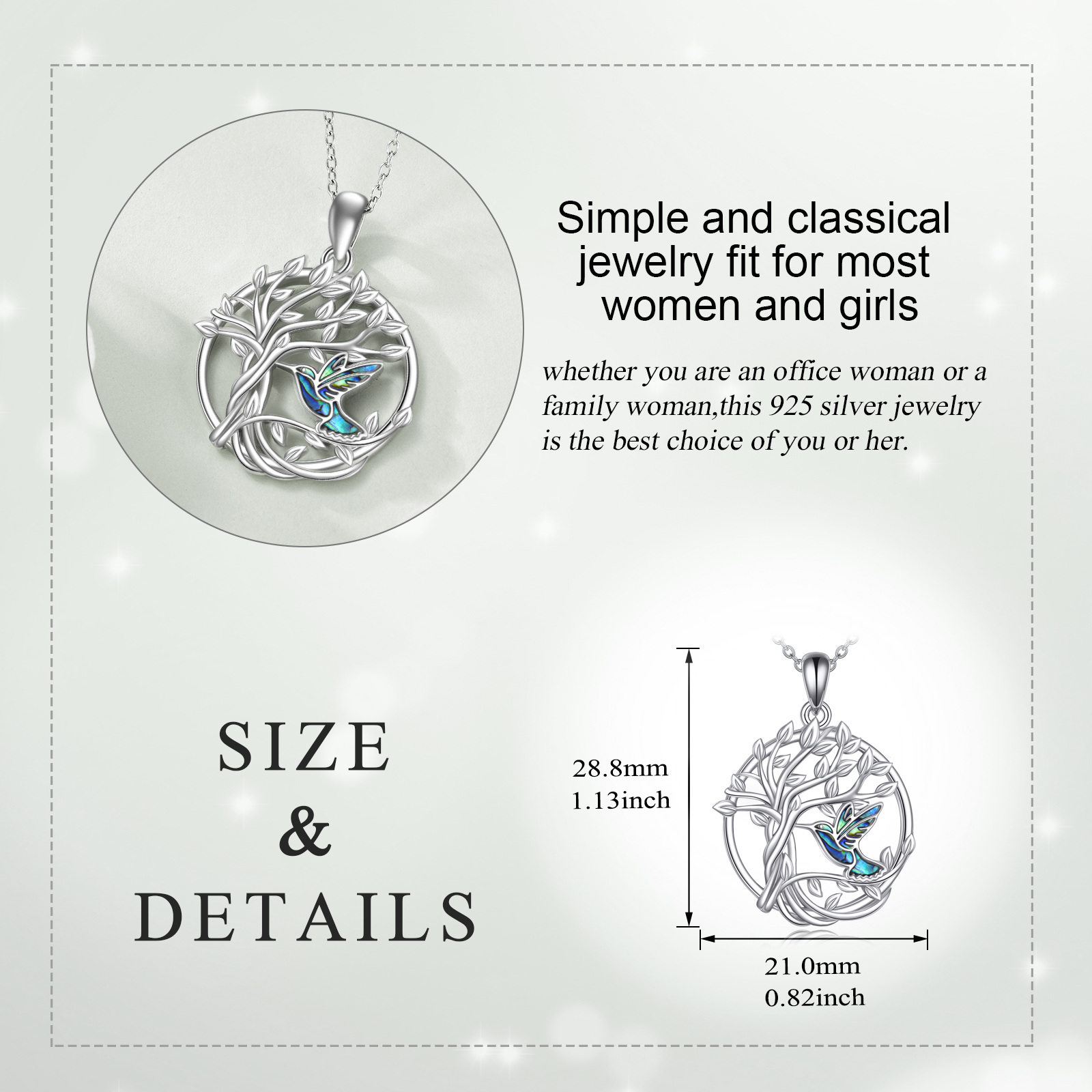Women's 925 Sterling Silver Tree of Life Hummingbird Necklace